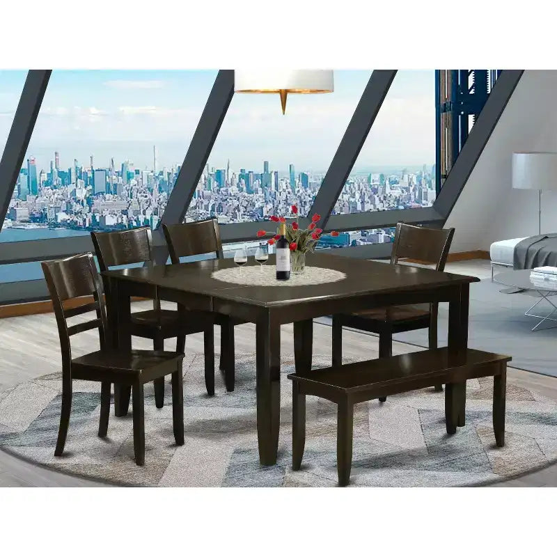 Table à manger 6 pièces avec plateau en bois massif et fini cappuccino avec 1 banc et 4 chaises