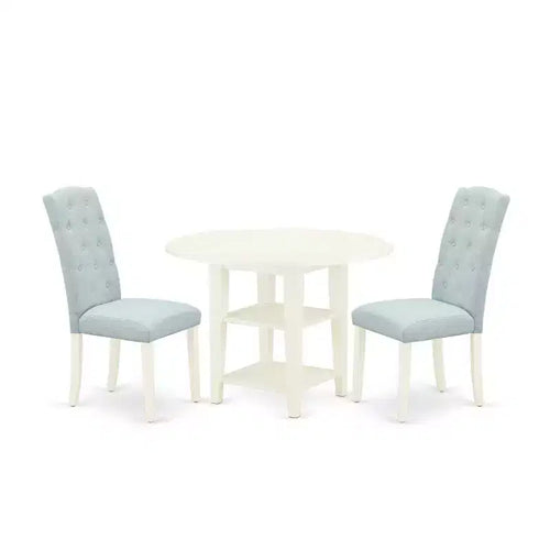 HomeStock 3-Piece Linen White Finish Round Solid Wood Top with Dropleaf Dining Table Set