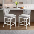 Lot de 2 tabourets de bar pivotants hauteur comptoir blancs : Tissu en lin, Clous décoratifs, Pivot à mémoire de position