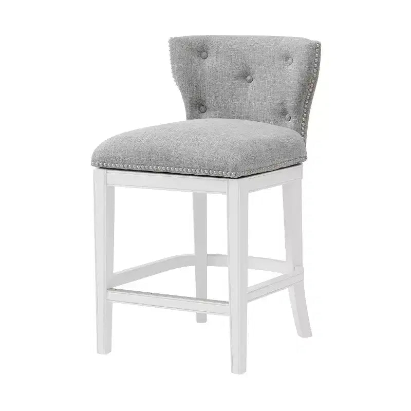 Lot de 2 tabourets de bar pivotants hauteur comptoir blancs : Tissu en lin, Clous décoratifs, Pivot à mémoire de position
