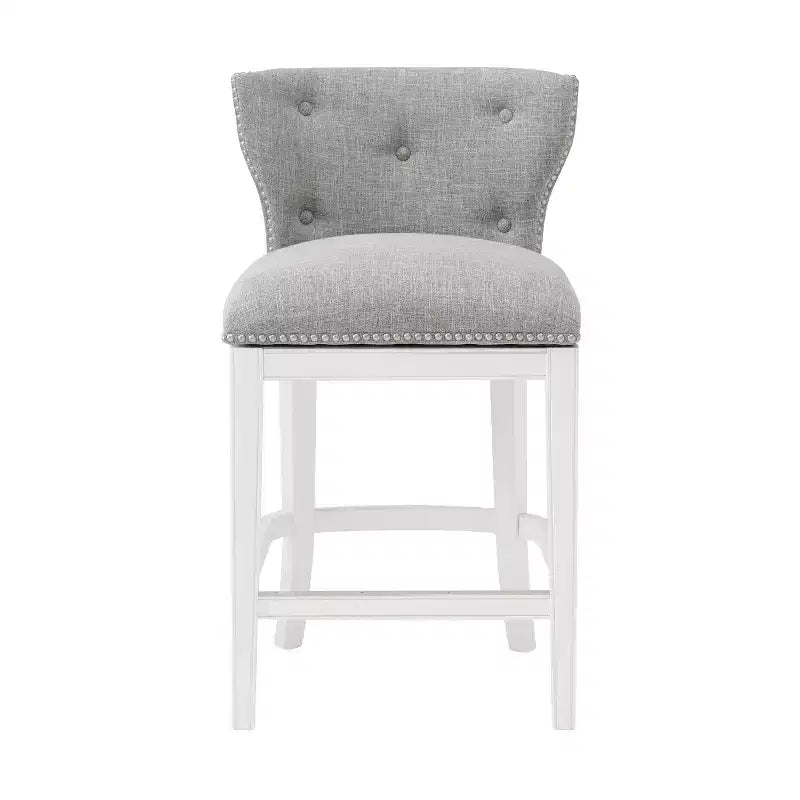 Lot de 2 tabourets de bar pivotants hauteur comptoir blancs : Tissu en lin, Clous décoratifs, Pivot à mémoire de position