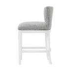 Lot de 2 tabourets de bar pivotants hauteur comptoir blancs : Tissu en lin, Clous décoratifs, Pivot à mémoire de position