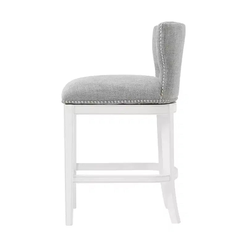 Lot de 2 tabourets de bar pivotants hauteur comptoir blancs : Tissu en lin, Clous décoratifs, Pivot à mémoire de position