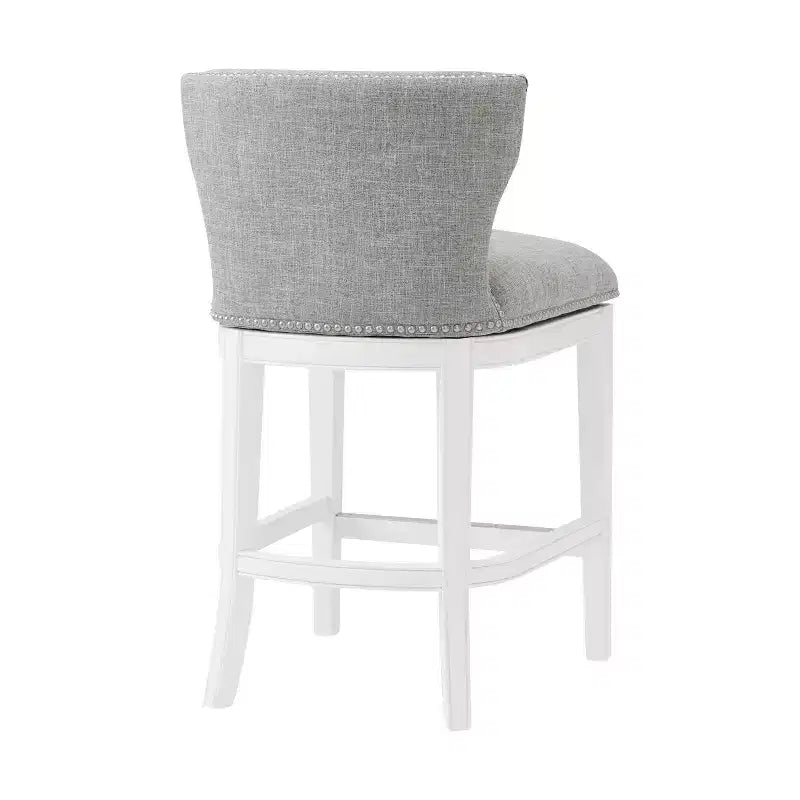 Lot de 2 tabourets de bar pivotants hauteur comptoir blancs : Tissu en lin, Clous décoratifs, Pivot à mémoire de position