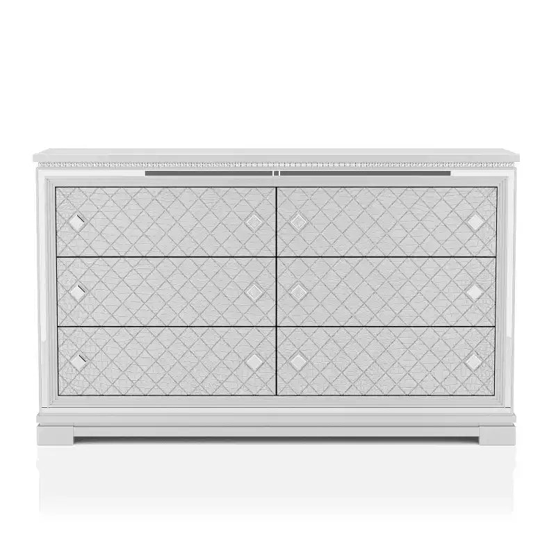 Commode 6 tiroirs argentée : Style Glamour de Luxe, Panneaux Miroir, Façades de Tiroirs Effet Crocodile
