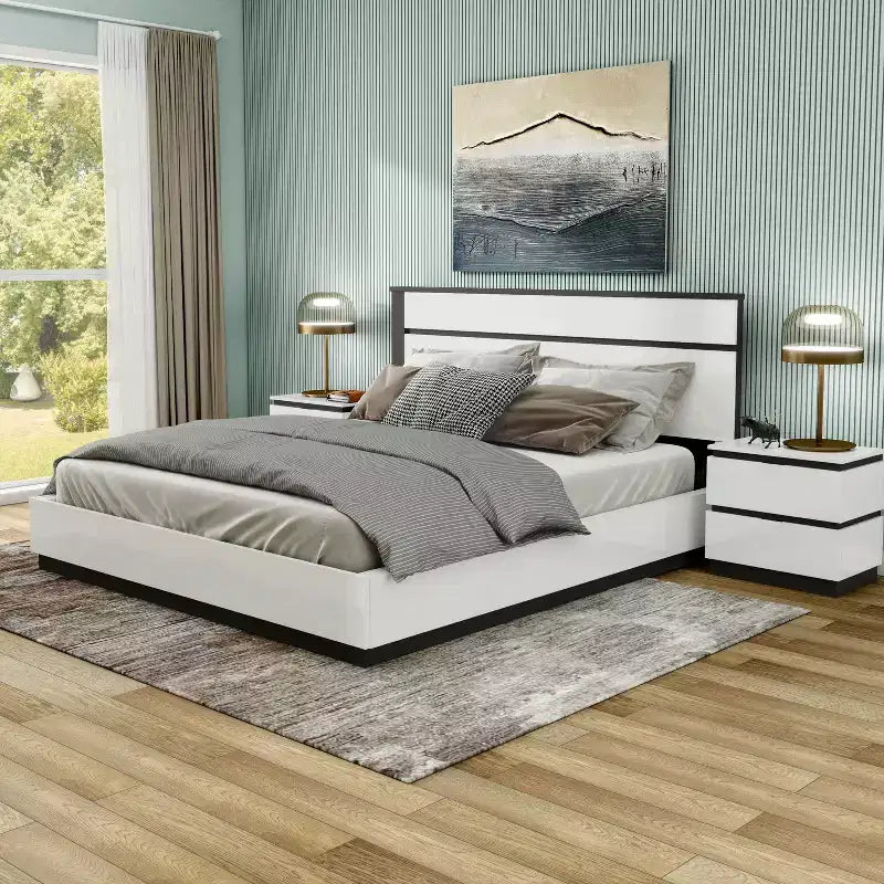 Lit moderne 3 pièces grand lit/grand lit avec 2 tables de chevet blanc/gris métallisé : contemporain