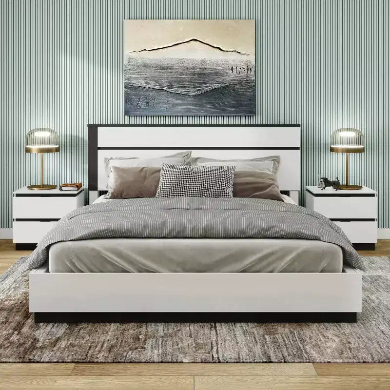 Lit moderne 3 pièces grand lit/grand lit avec 2 tables de chevet blanc/gris métallisé : contemporain