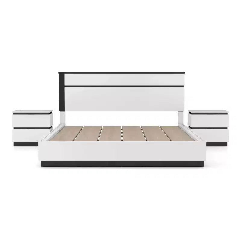 Lit moderne 3 pièces grand lit/grand lit avec 2 tables de chevet blanc/gris métallisé : contemporain
