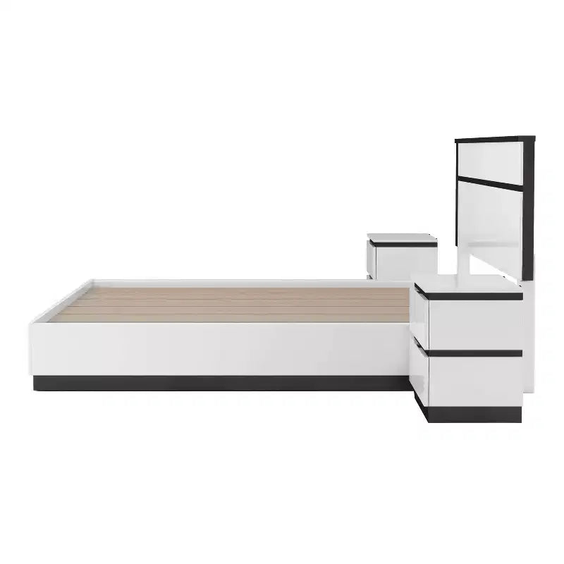 Lit moderne 3 pièces grand lit/grand lit avec 2 tables de chevet blanc/gris métallisé : contemporain