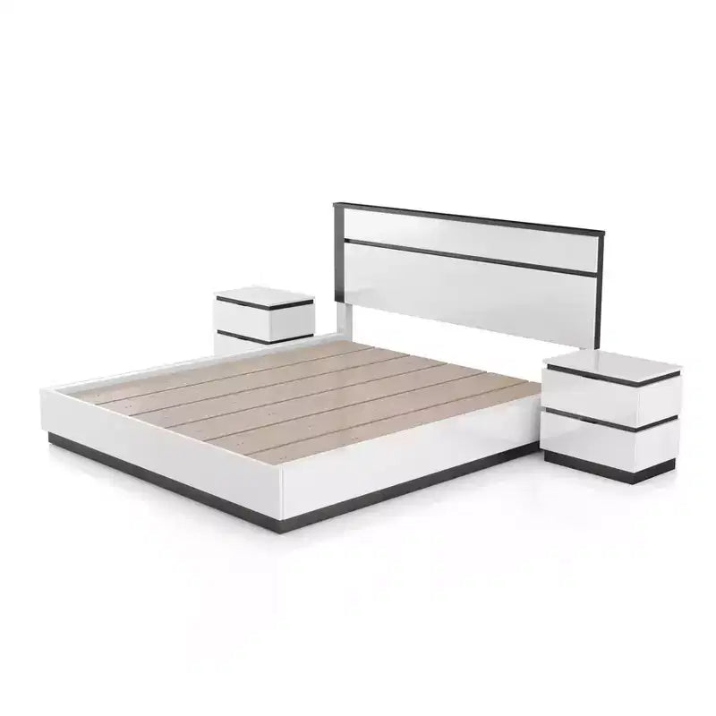 Lit moderne 3 pièces grand lit/grand lit avec 2 tables de chevet blanc/gris métallisé : contemporain