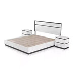 Lit moderne 3 pièces grand lit/grand lit avec 2 tables de chevet blanc/gris métallisé : contemporain