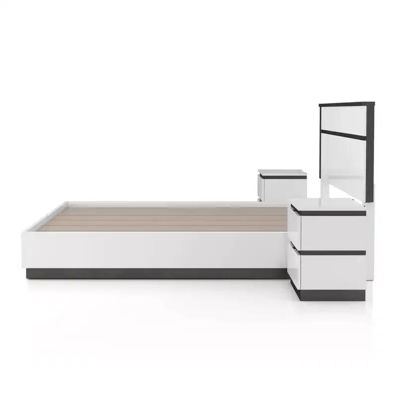 Lit moderne 3 pièces grand lit/grand lit avec 2 tables de chevet blanc/gris métallisé : contemporain