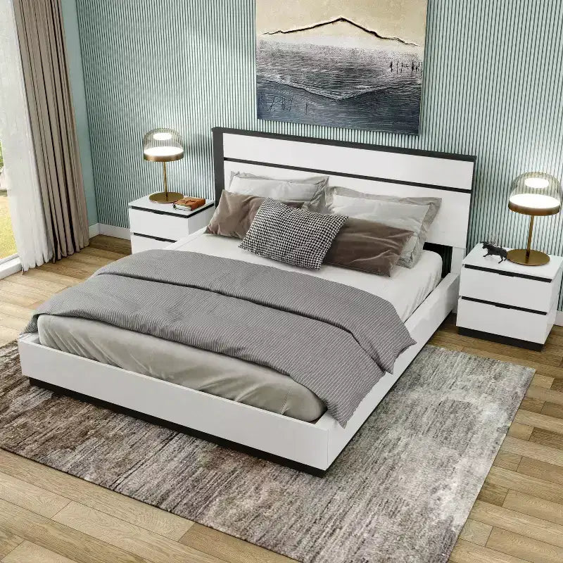 Lit moderne 3 pièces grand lit/grand lit avec 2 tables de chevet blanc/gris métallisé : contemporain