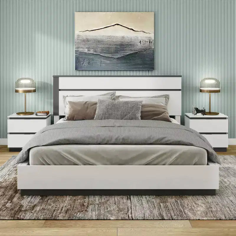 Lit moderne 3 pièces grand lit/grand lit avec 2 tables de chevet blanc/gris métallisé : contemporain