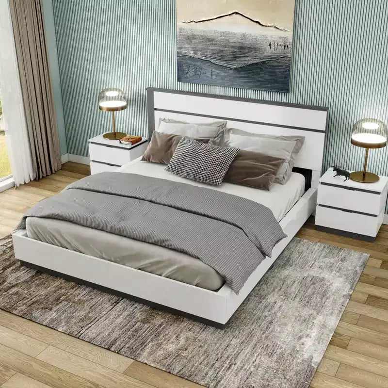 Lit moderne 3 pièces grand lit/grand lit avec 2 tables de chevet blanc/gris métallisé : contemporain