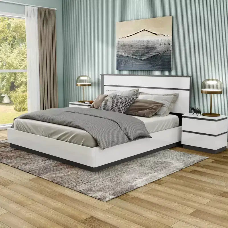 Lit moderne 3 pièces grand lit/grand lit avec 2 tables de chevet blanc/gris métallisé : contemporain