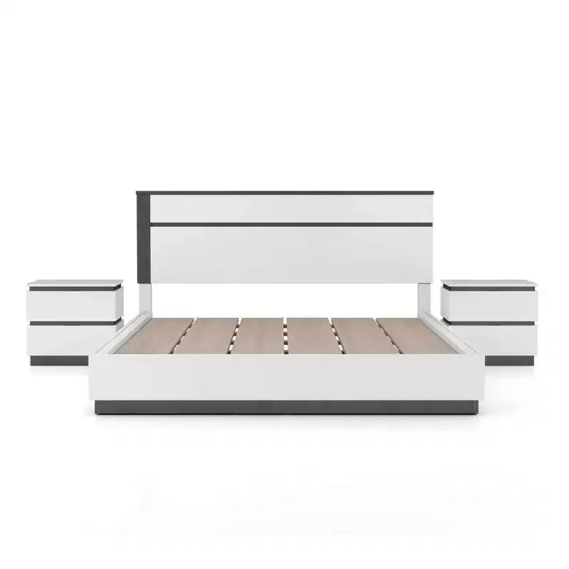 Lit moderne 3 pièces grand lit/grand lit avec 2 tables de chevet blanc/gris métallisé : contemporain