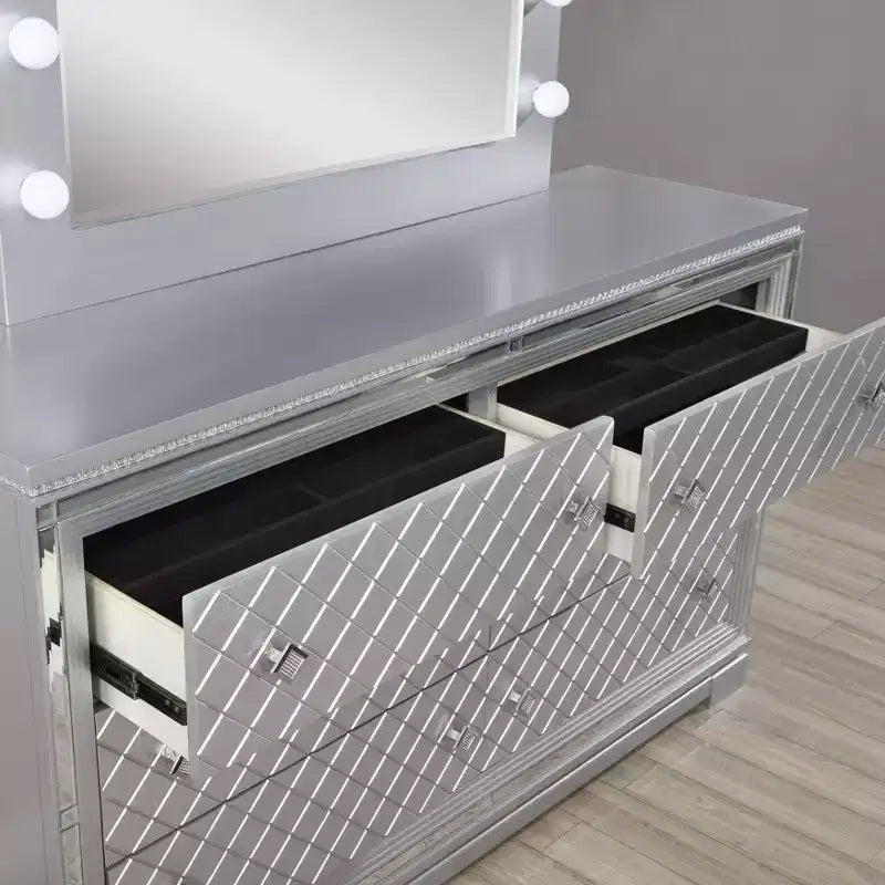 Ensemble de chambre 6 pièces lit California King Argent/Gris : Design glamour, bordures miroir, capitonné