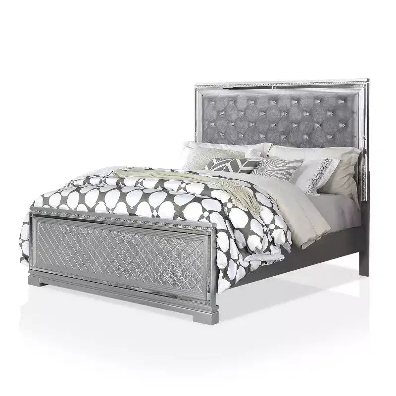 Ensemble de chambre 6 pièces lit California King Argent/Gris : Design glamour, bordures miroir, capitonné