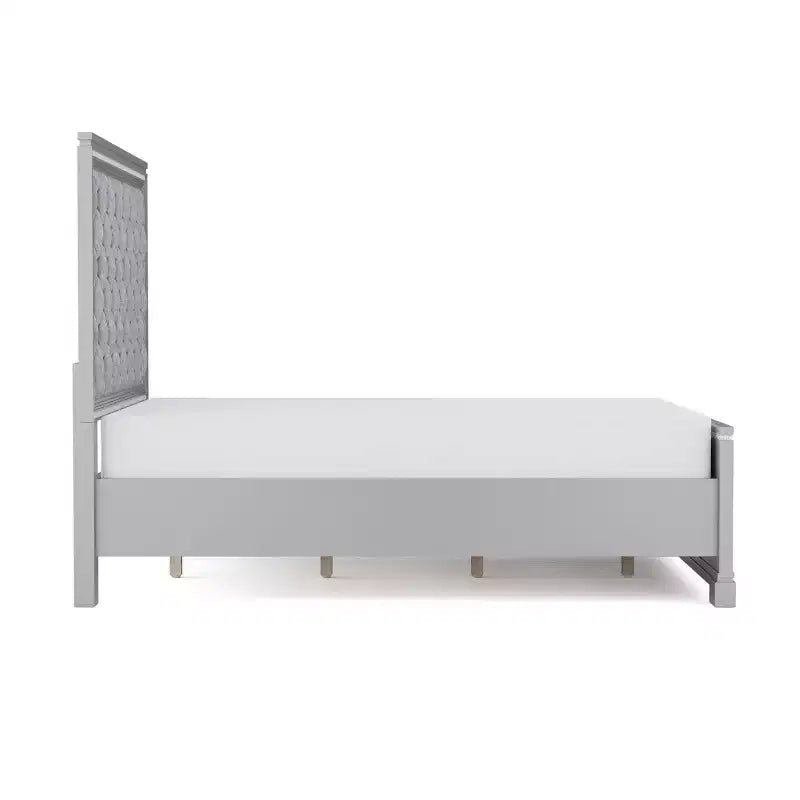 Ensemble de chambre 6 pièces lit California King Argent/Gris : Design glamour, bordures miroir, capitonné