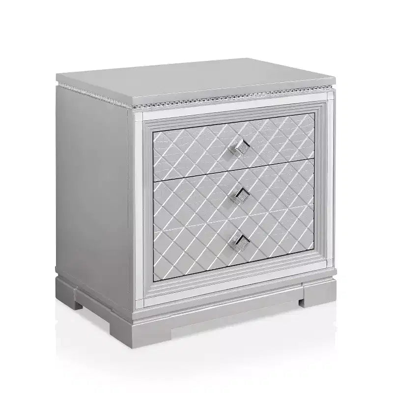 Ensemble de chambre 6 pièces lit California King Argent/Gris : Design glamour, bordures miroir, capitonné