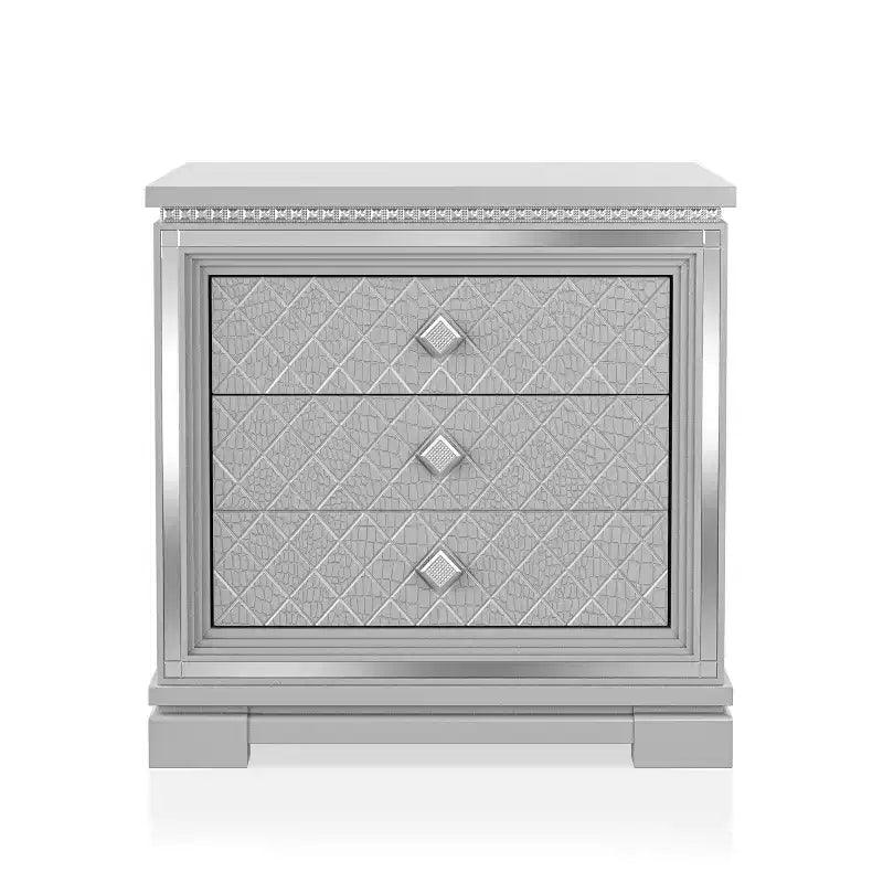 Ensemble de chambre 6 pièces lit California King Argent/Gris : Design glamour, bordures miroir, capitonné