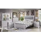 Ensemble de chambre 6 pièces lit California King Argent/Gris : Design glamour, bordures miroir, capitonné