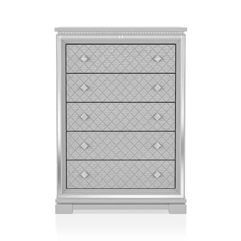 Ensemble de chambre 6 pièces lit California King Argent/Gris : Design glamour, bordures miroir, capitonné