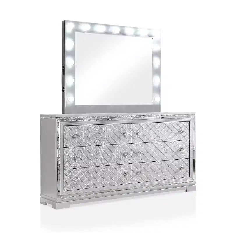 Ensemble de chambre 6 pièces lit California King Argent/Gris : Design glamour, bordures miroir, capitonné