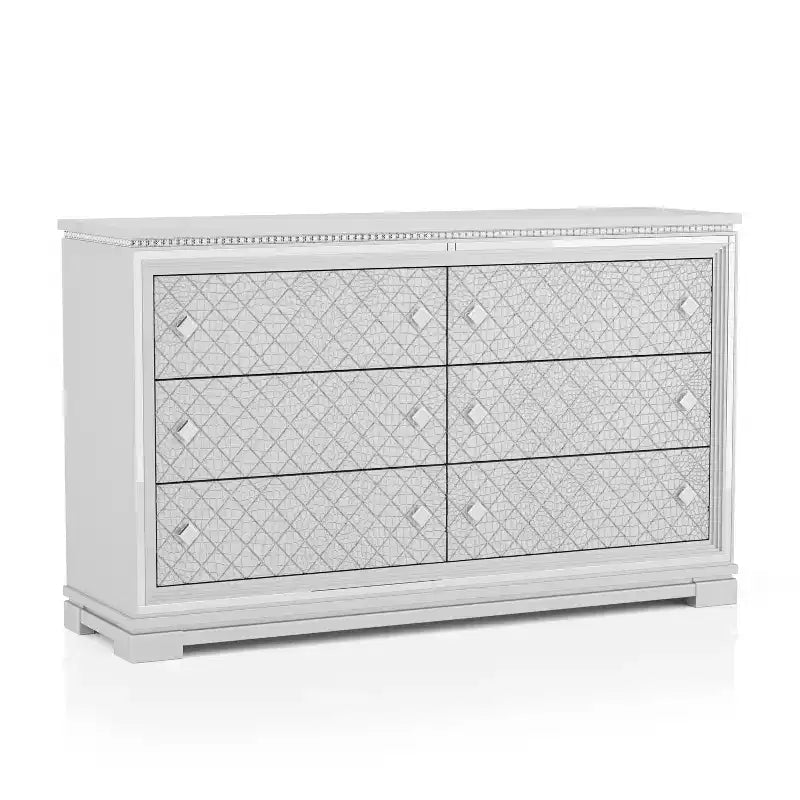 Ensemble de chambre 6 pièces lit California King Argent/Gris : Design glamour, bordures miroir, capitonné