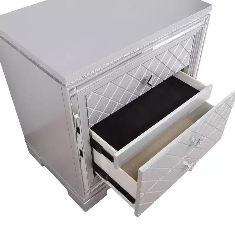 Ensemble de chambre 6 pièces lit California King Argent/Gris : Design glamour, bordures miroir, capitonné