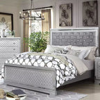 Ensemble de chambre 6 pièces lit California King Argent/Gris : Design glamour, bordures miroir, capitonné