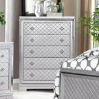 Ensemble de chambre 6 pièces lit California King Argent/Gris : Design glamour, bordures miroir, capitonné