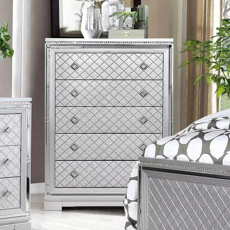 Ensemble de chambre 6 pièces lit California King Argent/Gris : Design glamour, bordures miroir, capitonné