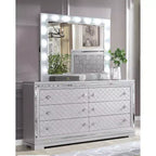 Ensemble de chambre 6 pièces lit California King Argent/Gris : Design glamour, bordures miroir, capitonné