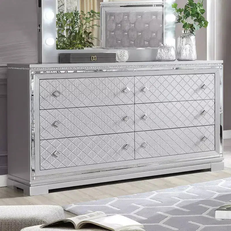 Ensemble de chambre 6 pièces lit California King Argent/Gris : Design glamour, bordures miroir, capitonné