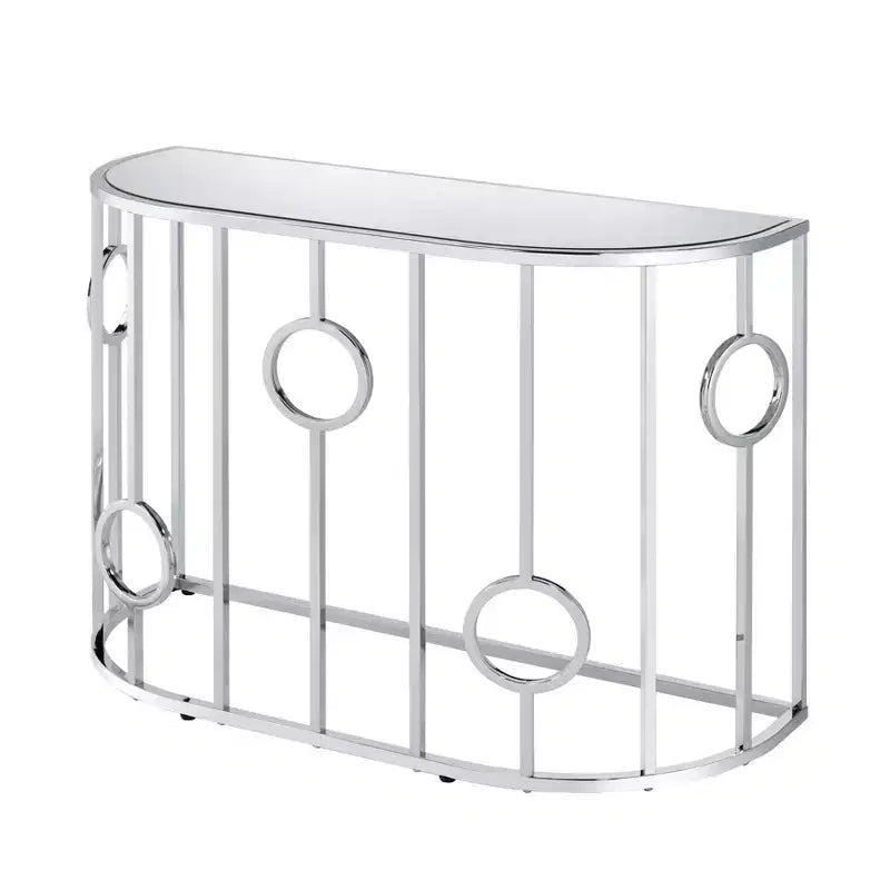 HOMES: Inside + Out Oakmonte Mirrored Semi Circle Sofa Table Chrome: Luxury Glam Style, Tempered Glass Top, Steel Frame