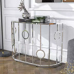 Table console demi-cercle miroir Chrome : Style glamour de luxe, Plateau en verre trempé, Structure en acier