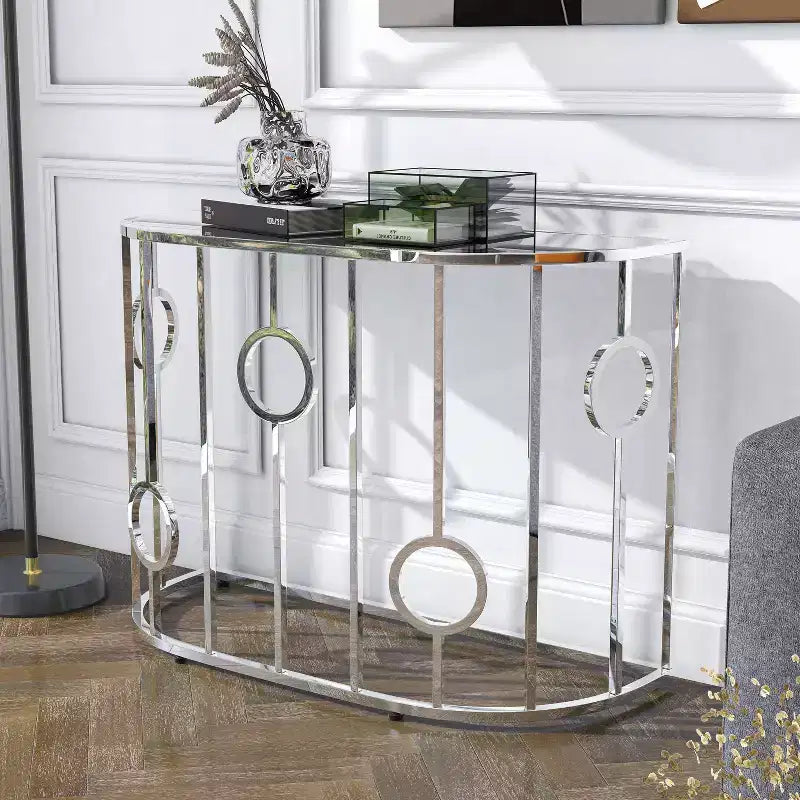 Table console demi-cercle miroir Chrome : Style glamour de luxe, Plateau en verre trempé, Structure en acier