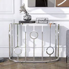 Table console demi-cercle miroir Chrome : Style glamour de luxe, Plateau en verre trempé, Structure en acier