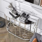 Table console demi-cercle miroir Chrome : Style glamour de luxe, Plateau en verre trempé, Structure en acier