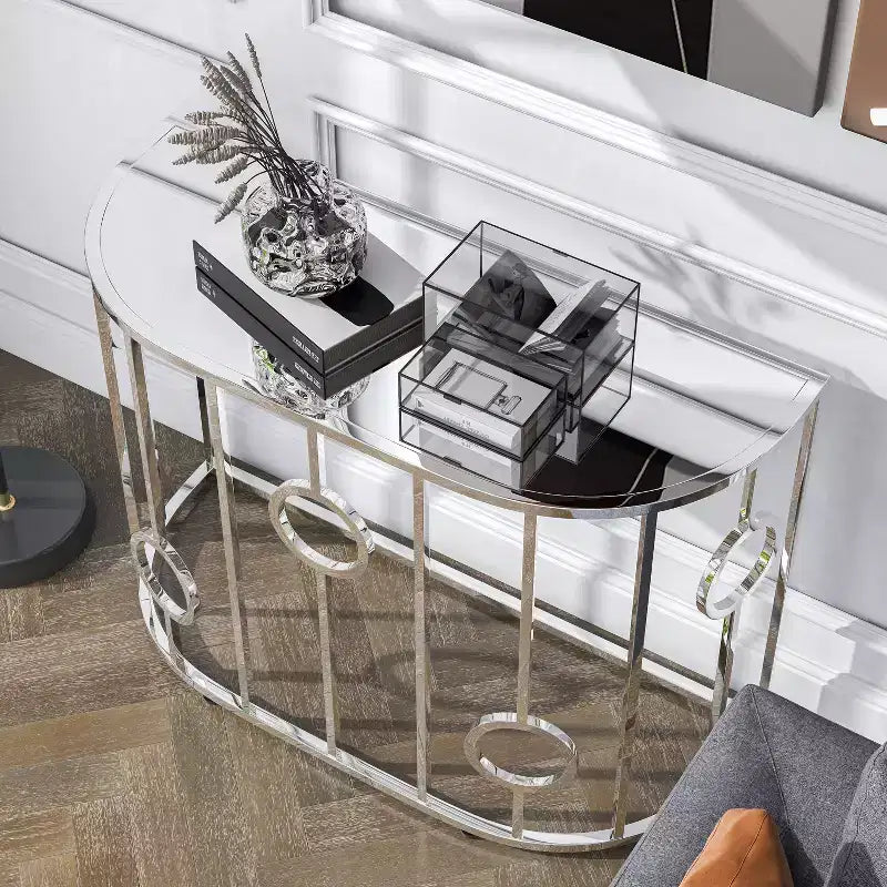 Table console demi-cercle miroir Chrome : Style glamour de luxe, Plateau en verre trempé, Structure en acier