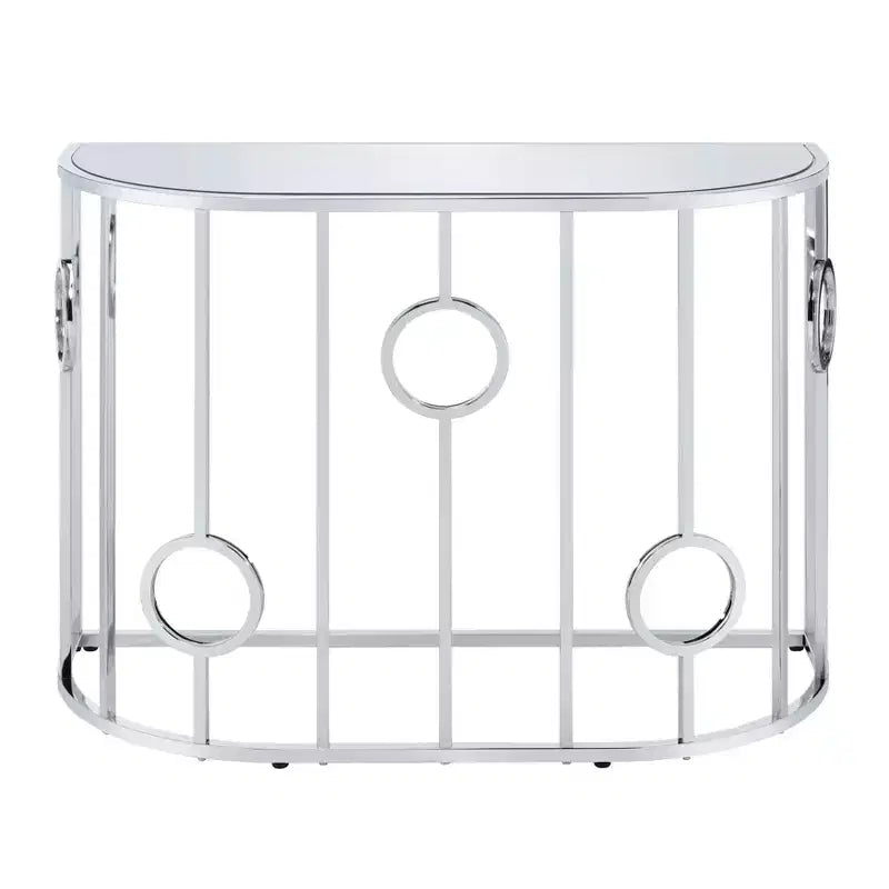 Table console demi-cercle miroir Chrome : Style glamour de luxe, Plateau en verre trempé, Structure en acier