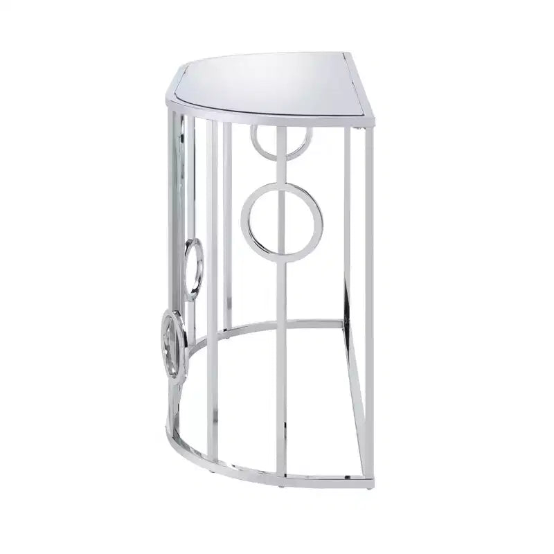 Table console demi-cercle miroir Chrome : Style glamour de luxe, Plateau en verre trempé, Structure en acier