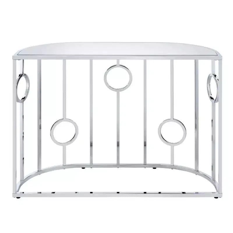 Table console demi-cercle miroir Chrome : Style glamour de luxe, Plateau en verre trempé, Structure en acier