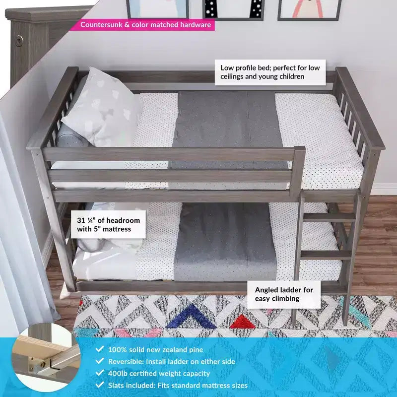 Lit superposé enfant double, lit superposé bas en bois massif avec échelle pour petite pièce