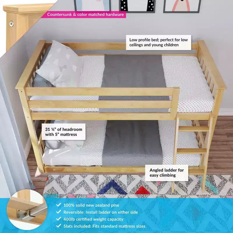 Lit superposé enfant double, lit superposé bas en bois massif avec échelle pour petite pièce
