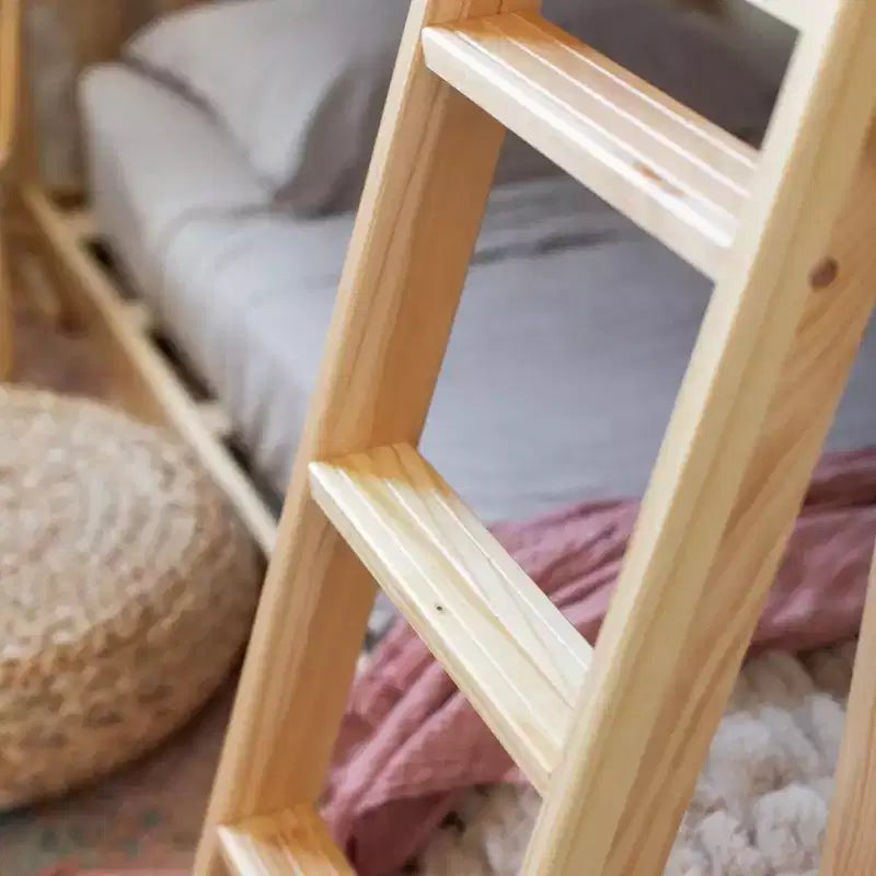 Lit superposé enfant double, lit superposé bas en bois massif avec échelle pour petite pièce