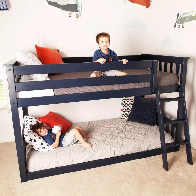 Lit superposé enfant double, lit superposé bas en bois massif avec échelle pour petite pièce