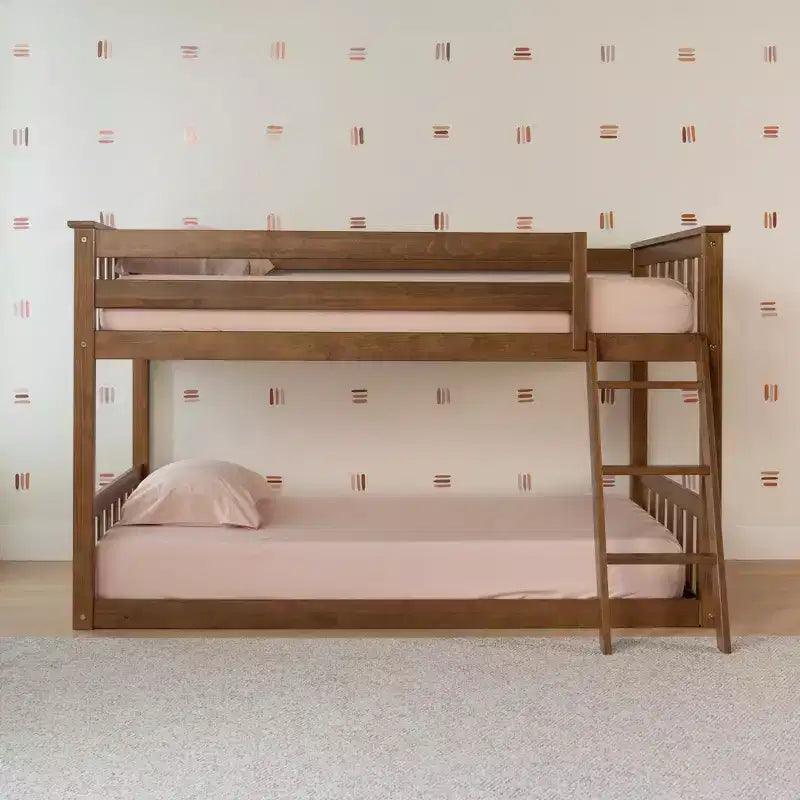 Lit superposé enfant double, lit superposé bas en bois massif avec échelle pour petite pièce